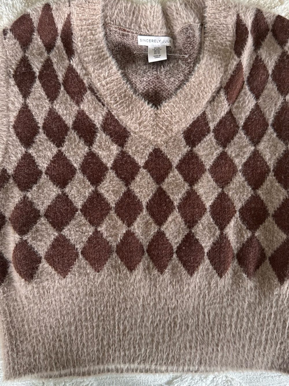 Sincerly Jules Argyle V-Neck Sweater Vest in Brown and Cream